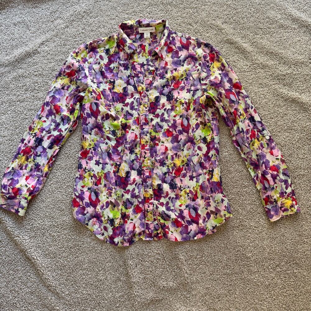 Coldwater Creek Blouse Silk Blend Floral Watercolor Print LS Button Sz M